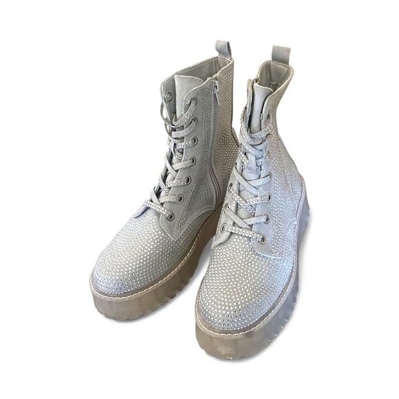 STEVE MADDEN Dynamite Rhinestone Silver Glitter Platform Lug Sole Combat Boots - Picture 15 of 17